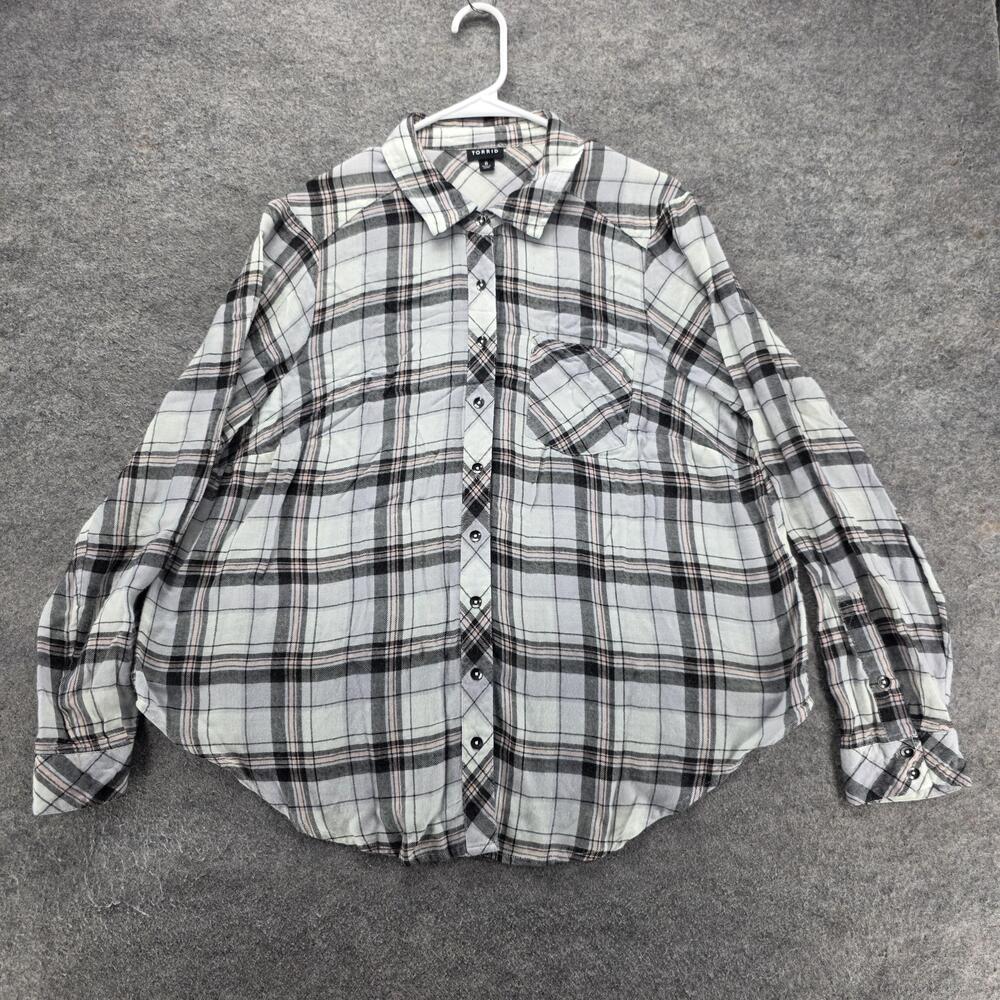 Torrid Button-Up Womens 0 White Collared Long Sleeve Plaid Rayon Lightweight